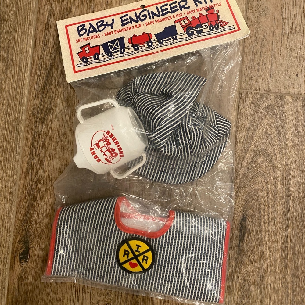 Vintage Baby Engineer Kit with Bib, Cup & Hat